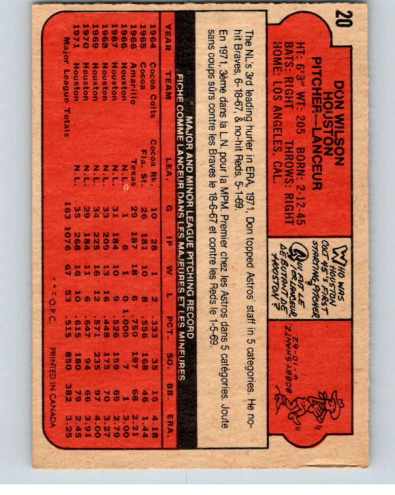 1972 O-Pee-Chee Baseball #20 Don Wilson Houston Astros V66062 Image 2