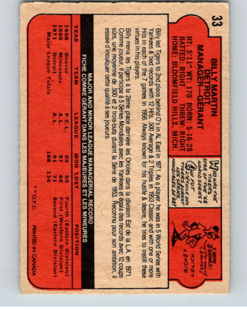 1972 O-Pee-Chee Baseball #33 Billy Martin MG Detroit Tigers V66075 Image 2