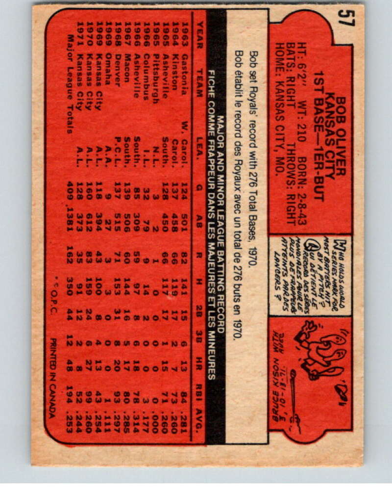 1972 O-Pee-Chee Baseball #57 Bob Oliver Kansas City Royals V66100 Image 2