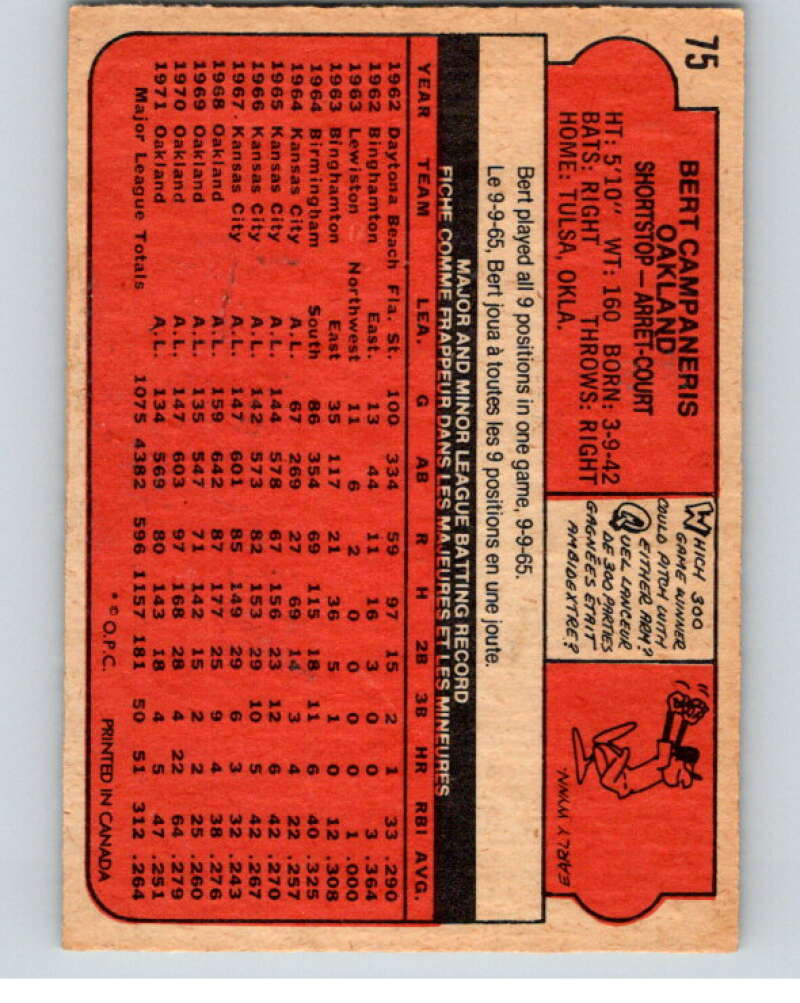 1972 O-Pee-Chee Baseball #75 Bert Campaneris Oakland Athletics V66124 Image 2