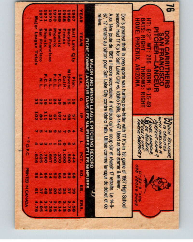 1972 O-Pee-Chee Baseball #76 Don Carrithers San Francisco Giants V66127 Image 2