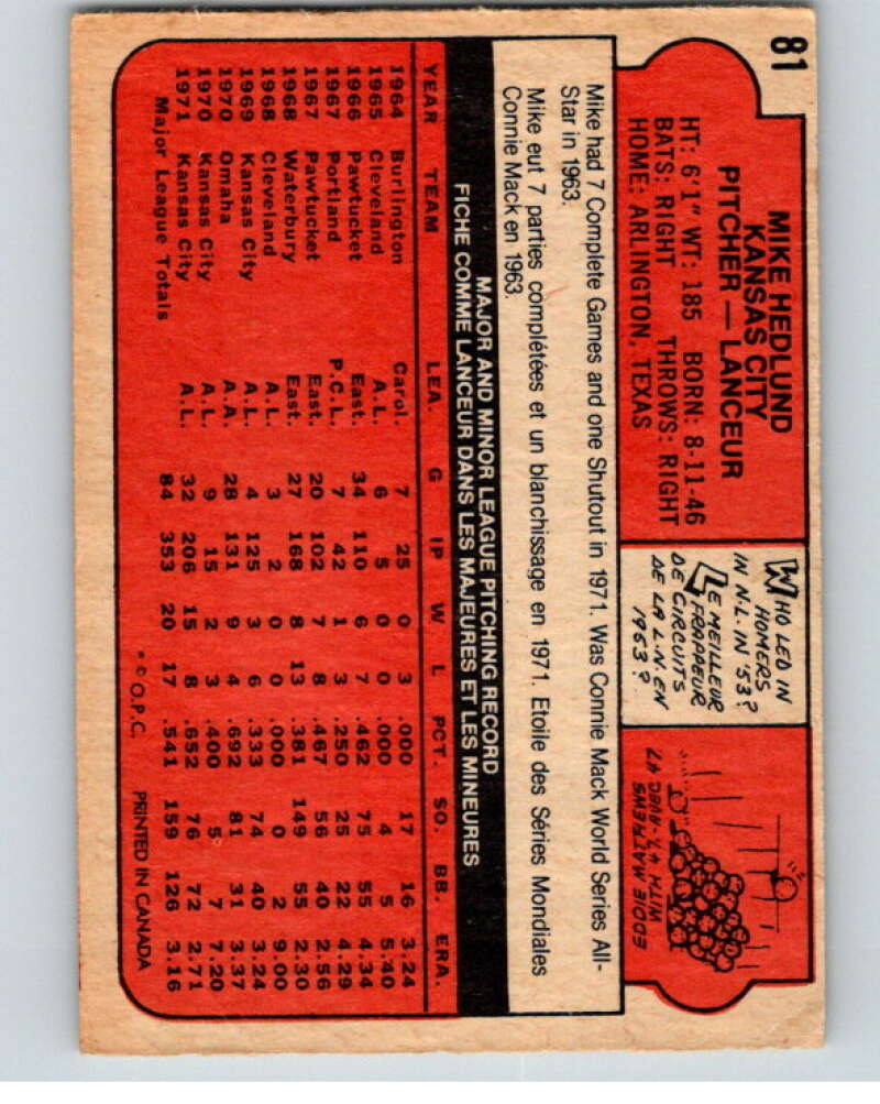 1972 O-Pee-Chee Baseball #81 Mike Hedlund Kansas City Royals V66134 Image 2