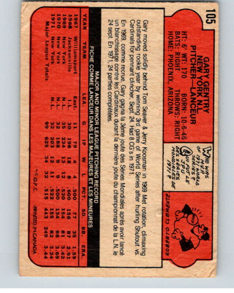 1972 O-Pee-Chee Baseball #105 Gary Gentry New York Mets V66163 Image 2