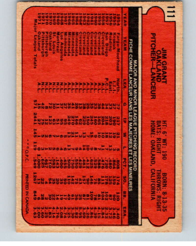 1972 O-Pee-Chee Baseball #111 Mudcat Grant Oakland Athletics V66172 Image 2