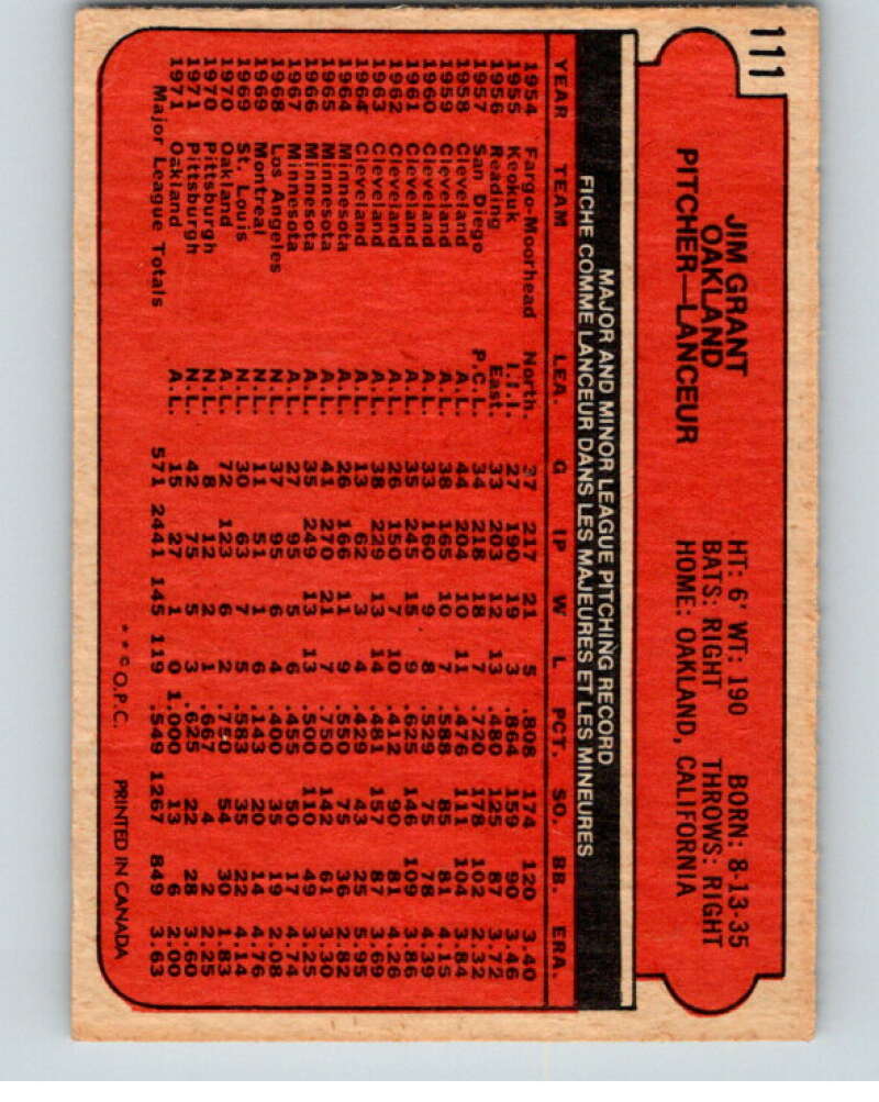 1972 O-Pee-Chee Baseball #111 Mudcat Grant  Oakland Athletics  V66172 Image 2