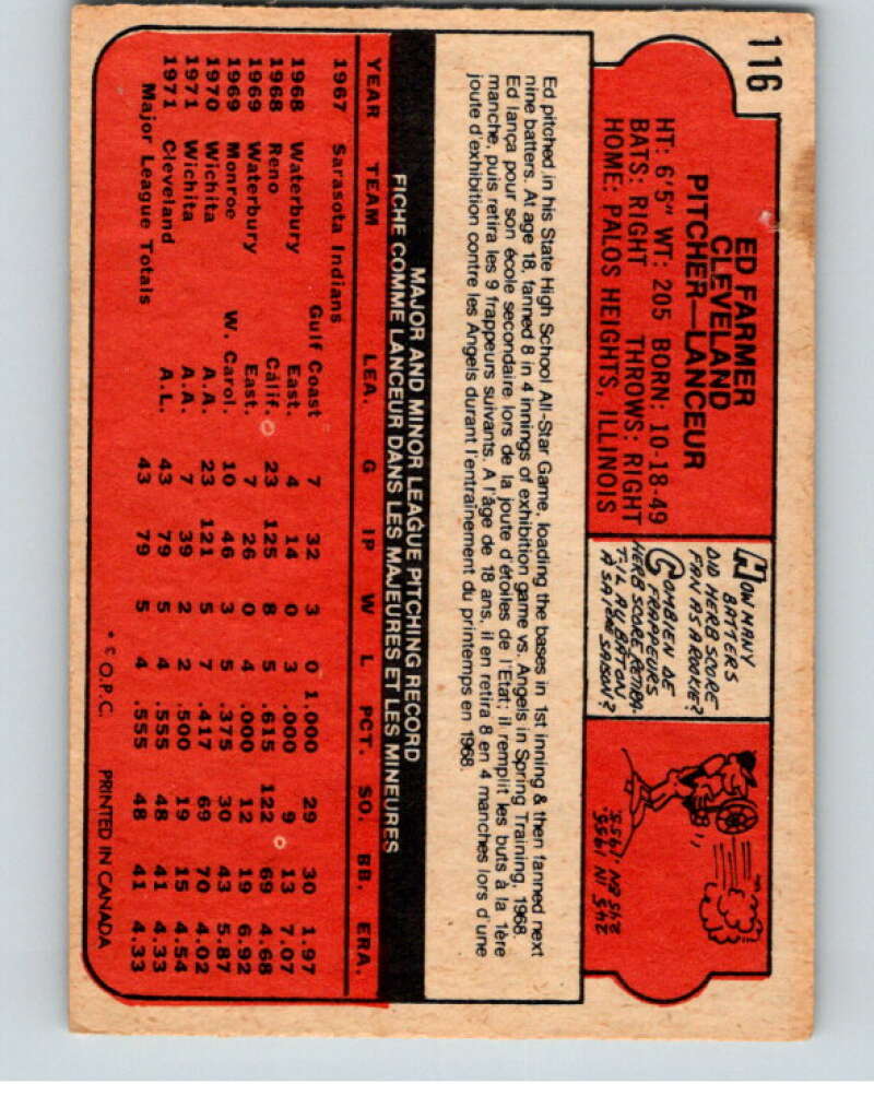 1972 O-Pee-Chee Baseball #116 Ed Farmer Cleveland Indians V66178 Image 2