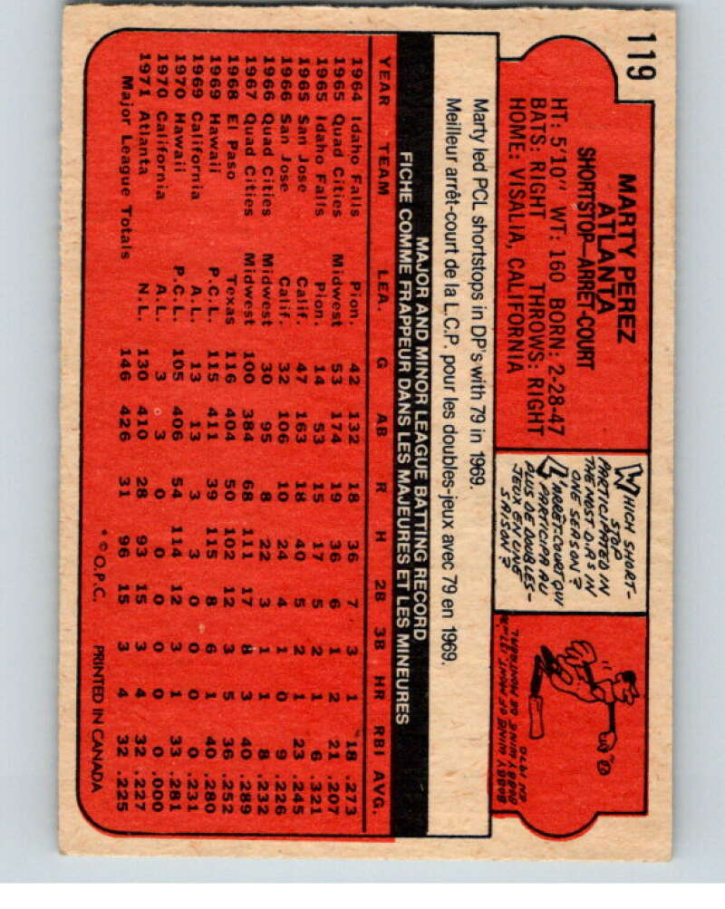 1972 O-Pee-Chee Baseball #119 Marty Perez  Atlanta Braves  V66185 Image 2