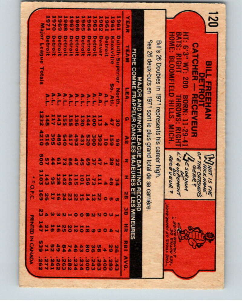 1972 O-Pee-Chee Baseball #120 Bill Freehan Detroit Tigers V66188 Image 2