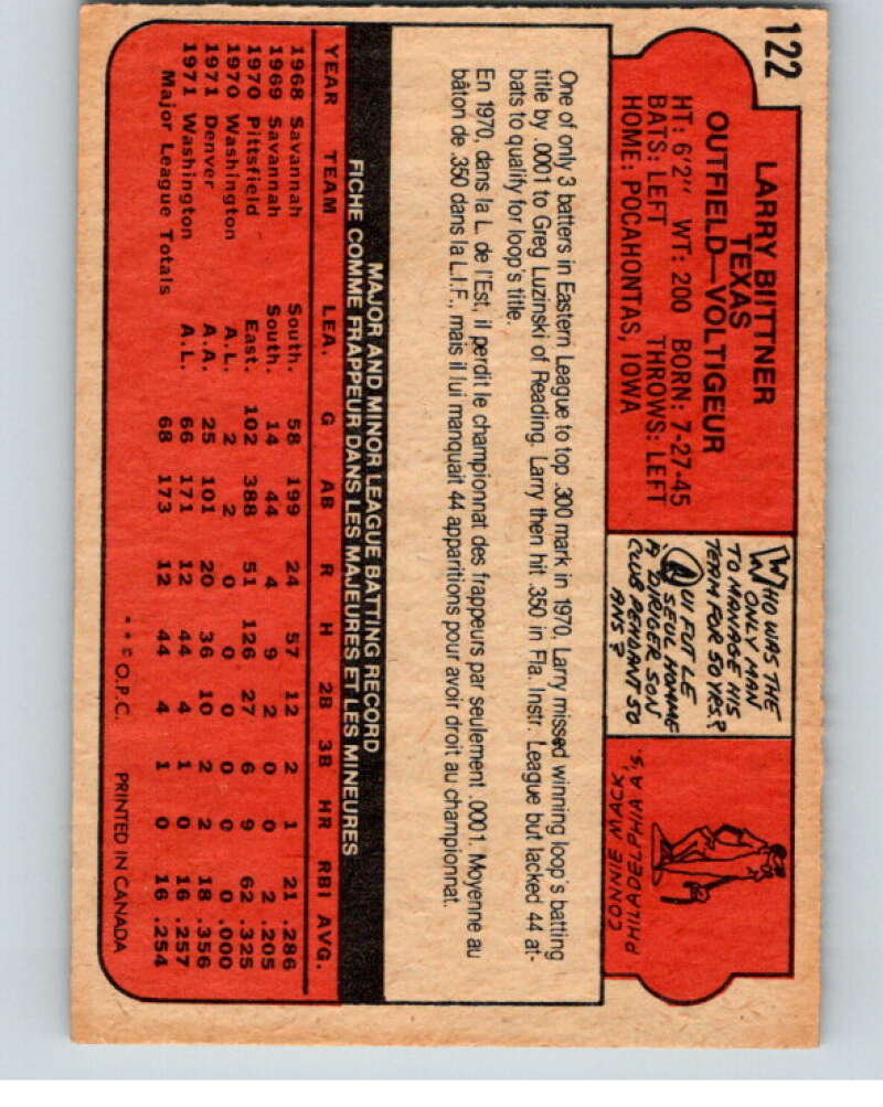 1972 O-Pee-Chee Baseball #122 Larry Biittner Texas Rangers V66193 Image 2