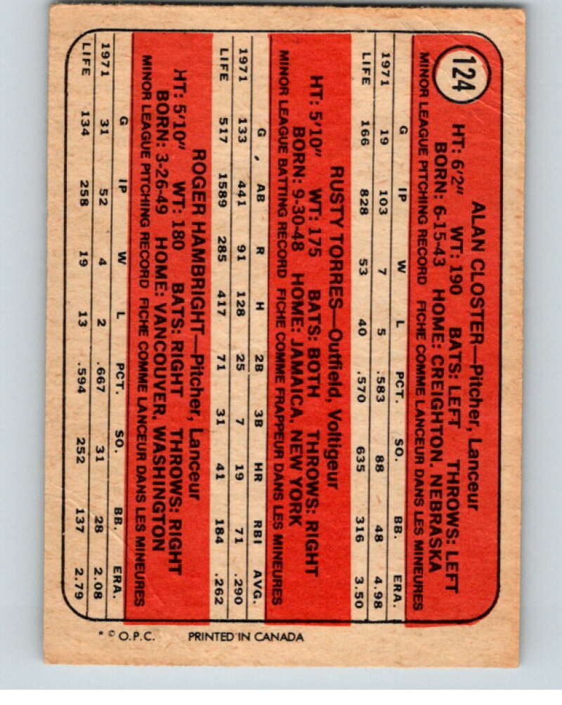 1972 O-Pee-Chee Baseball #124 Alan Closter/Torres/Hambright  V66194 Image 2