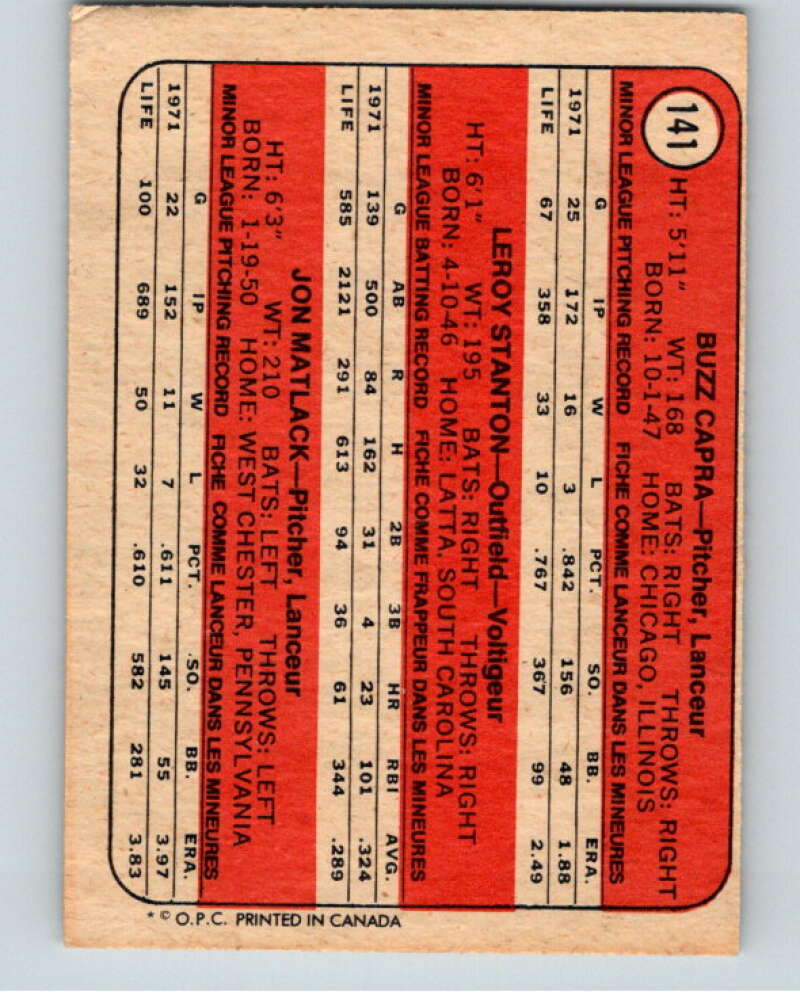1972 O-Pee-Chee Baseball #141 Buzz Capra/Lee Stanton/Jon Matlack  V66211 Image 2