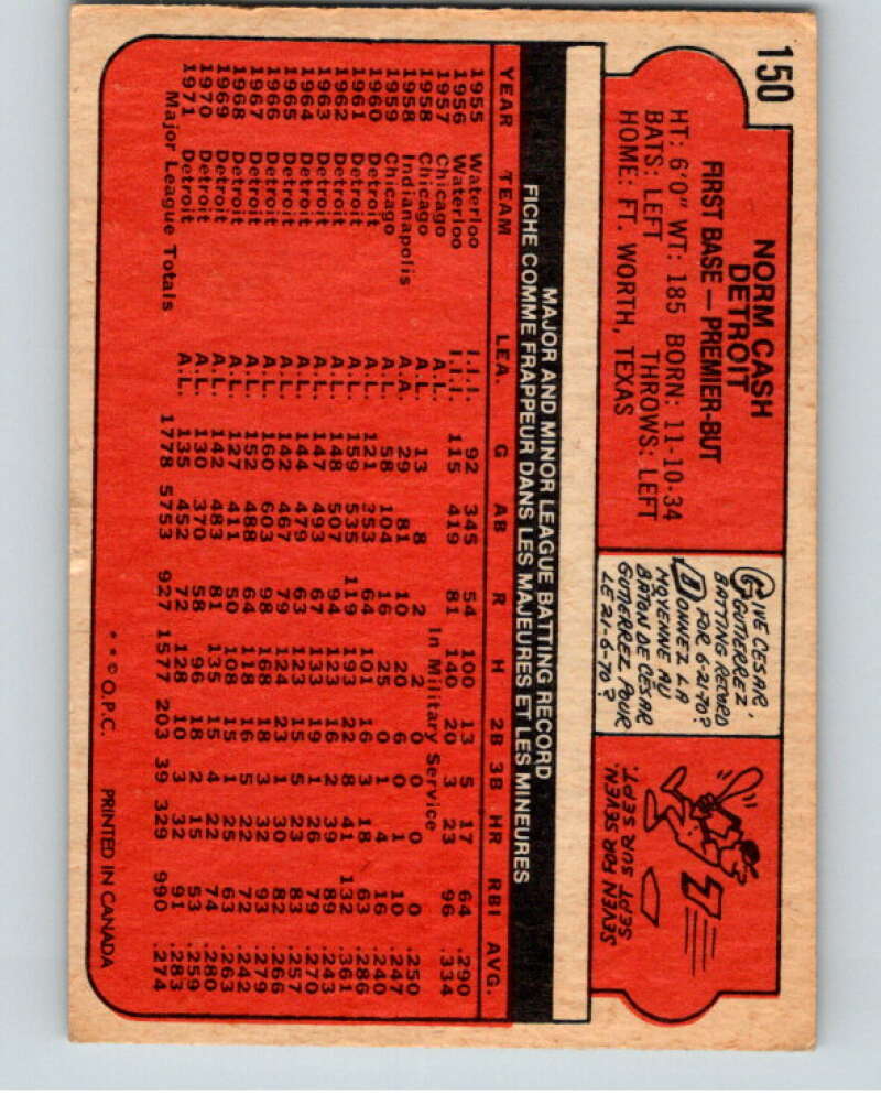 1972 O-Pee-Chee Baseball #150 Norm Cash  Detroit Tigers  V66224 Image 2
