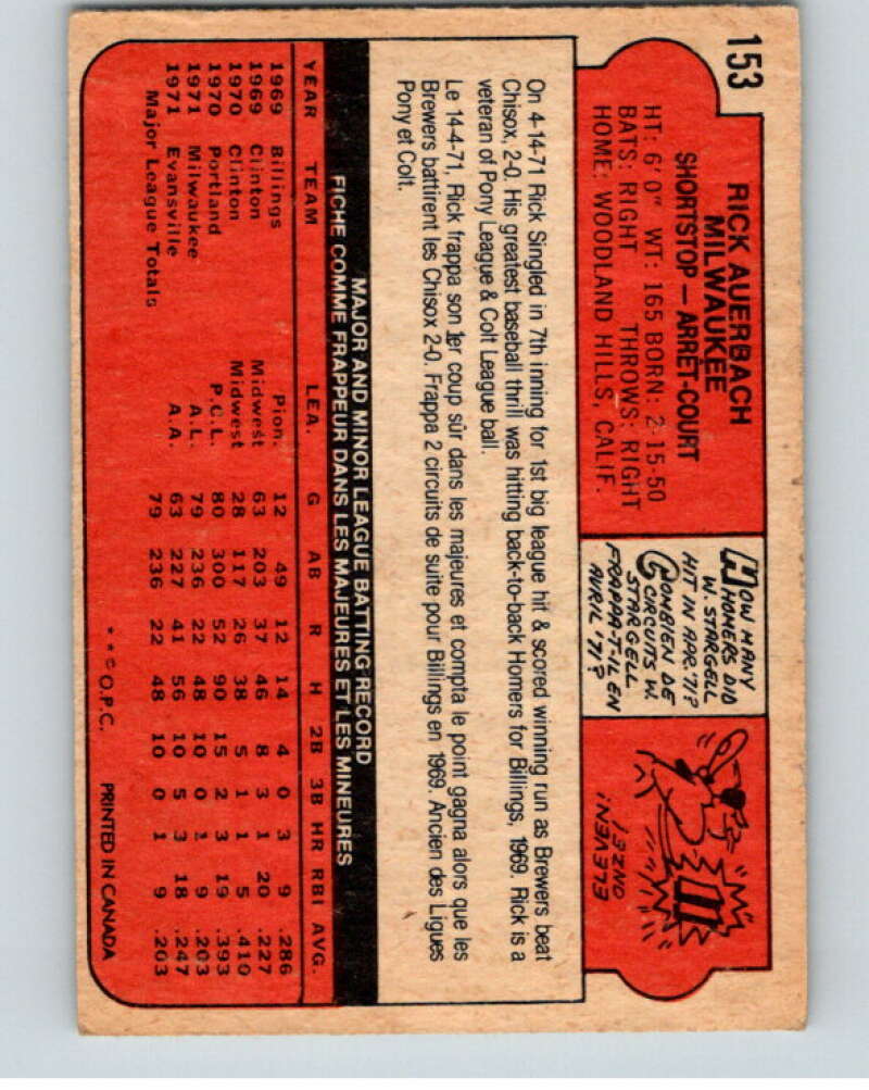 1972 O-Pee-Chee Baseball #153 Rick Auerbach  Milwaukee Brewers  V66227 Image 2
