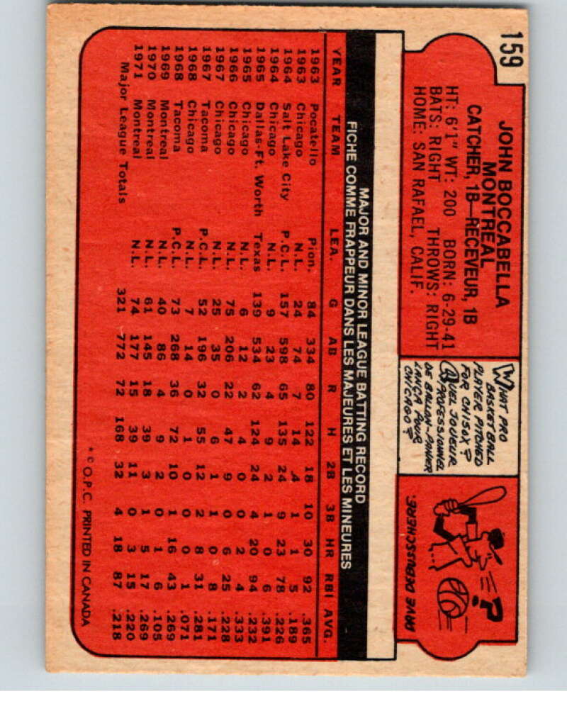 1972 O-Pee-Chee Baseball #159 John Boccabella Montreal Expos V66233 Image 2