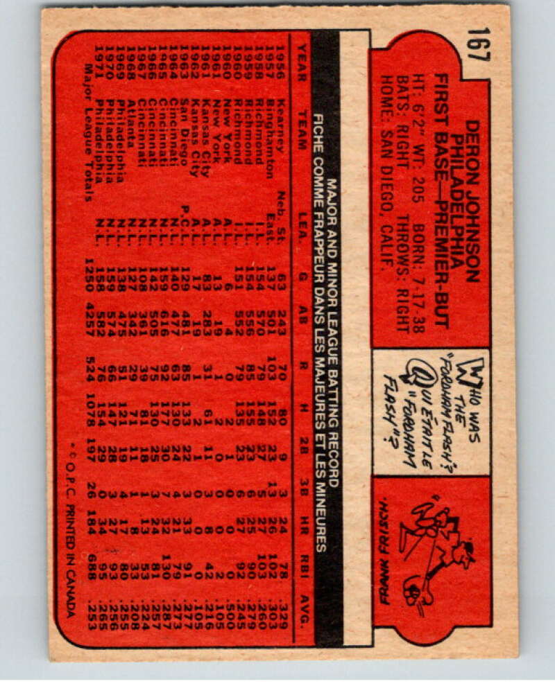 1972 O-Pee-Chee Baseball #167 Deron Johnson  Philadelphia Phillies  V66245 Image 2