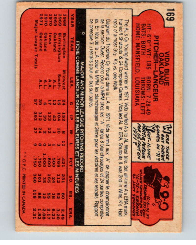 1972 O-Pee-Chee Baseball #169 Vida Blue  Oakland Athletics  V66249 Image 2