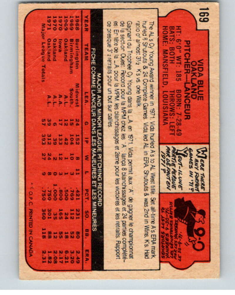 1972 O-Pee-Chee Baseball #169 Vida Blue  Oakland Athletics  V66250 Image 2
