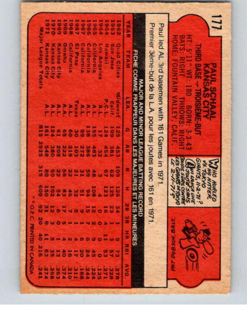 1972 O-Pee-Chee Baseball #177 Paul Schaal  Kansas City Royals  V66257 Image 2