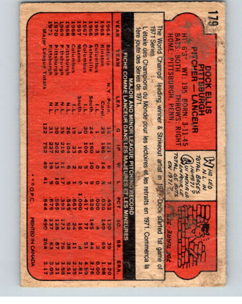 1972 O-Pee-Chee Baseball #179 Dock Ellis  Pittsburgh Pirates  V66261 Image 2