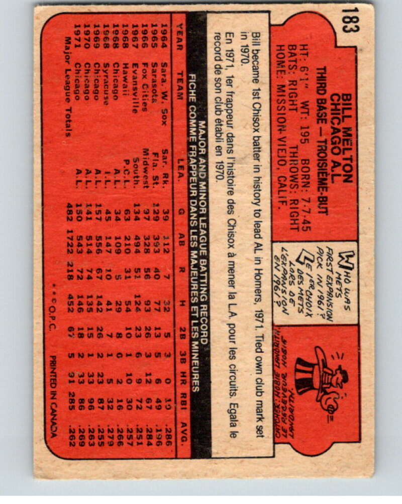 1972 O-Pee-Chee Baseball #183 Bill Melton  Chicago White Sox  V66267 Image 2