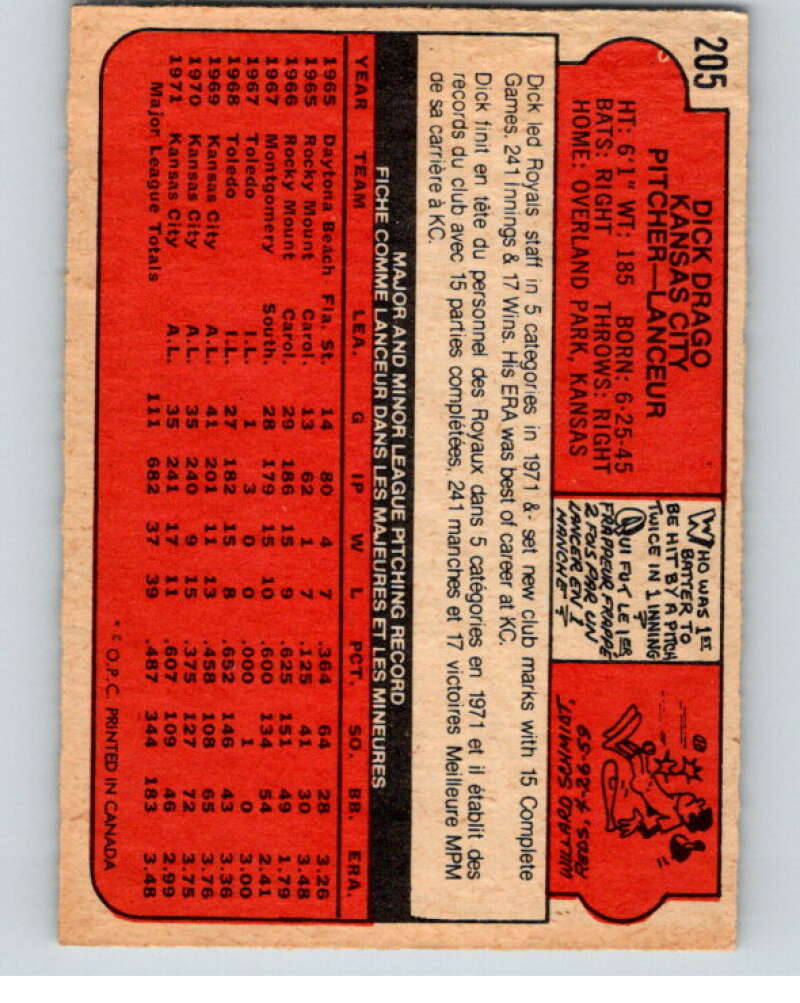 1972 O-Pee-Chee Baseball #205 Dick Drago  Kansas City Royals  V66293 Image 2