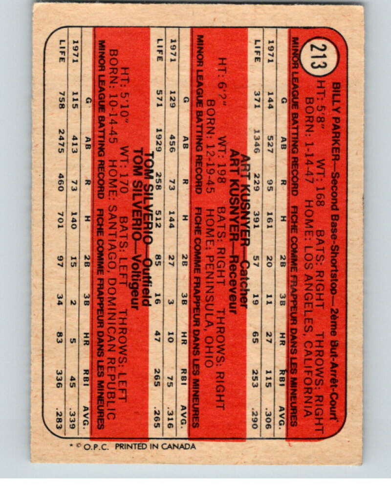 1972 O-Pee-Chee Baseball #213 Billy Parker/Kusnyer/Silverio RC Rookie V66307 Image 2