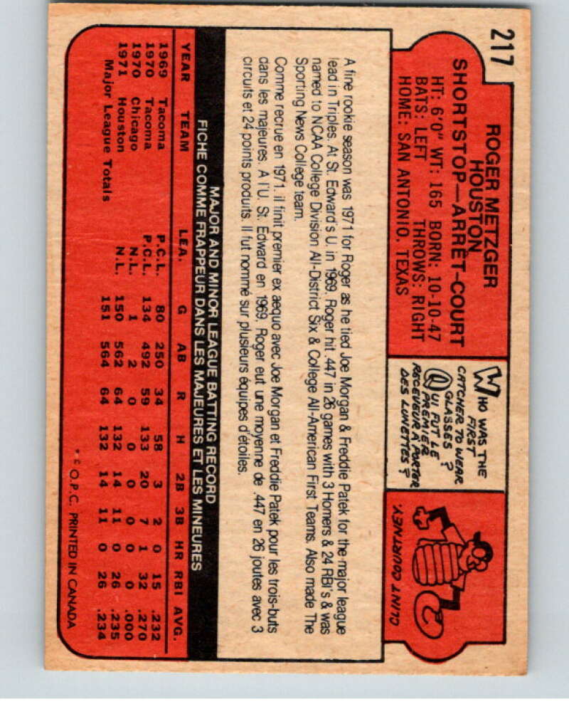 1972 O-Pee-Chee Baseball #217 Roger Metzger  Houston Astros  V66311 Image 2