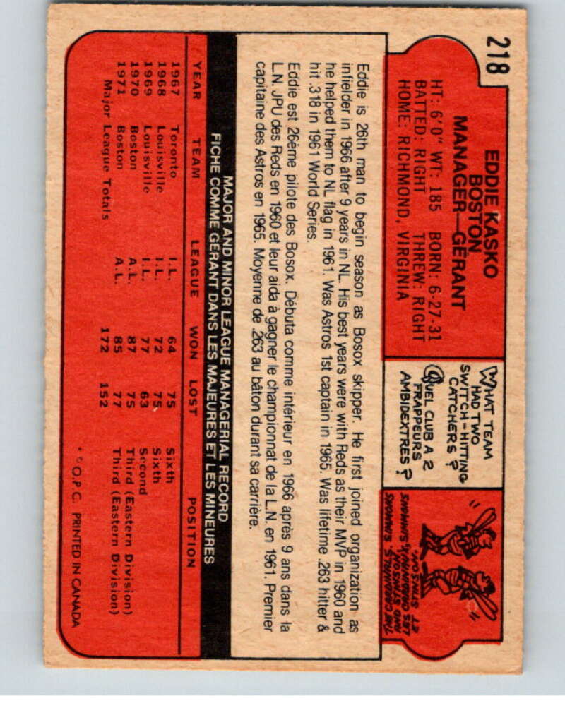 1972 O-Pee-Chee Baseball #218 Eddie Kasko MG  Boston Red Sox  V66312 Image 2