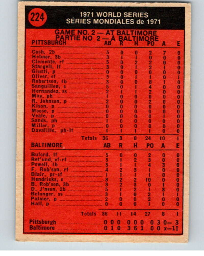 1972 O-Pee-Chee Baseball #224 World Series Game 2 Orioles  V66323 Image 2