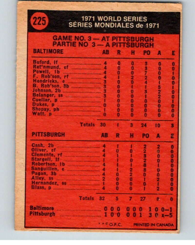 1972 O-Pee-Chee Baseball #225 World Series Game 3 Pirates V66324 Image 2