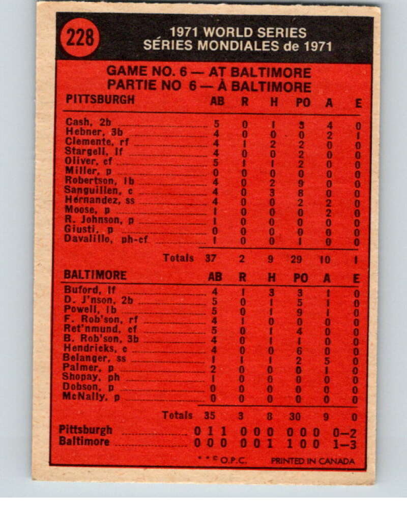 1972 O-Pee-Chee Baseball #228 World Series Game 6 V66327 Image 2