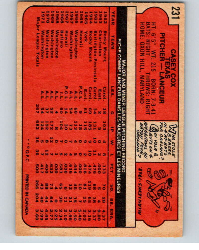 1972 O-Pee-Chee Baseball #231 Casey Cox Texas Rangers V66330 Image 2