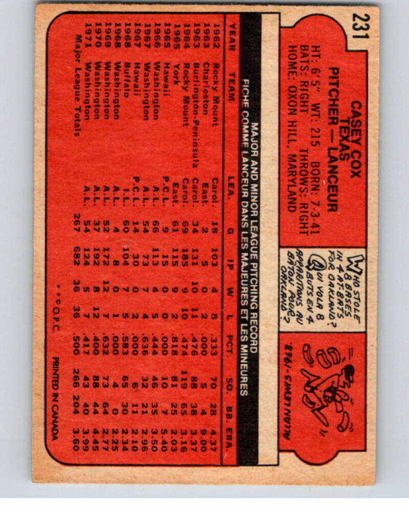 1972 O-Pee-Chee Baseball #231 Casey Cox  Texas Rangers  V66330 Image 2