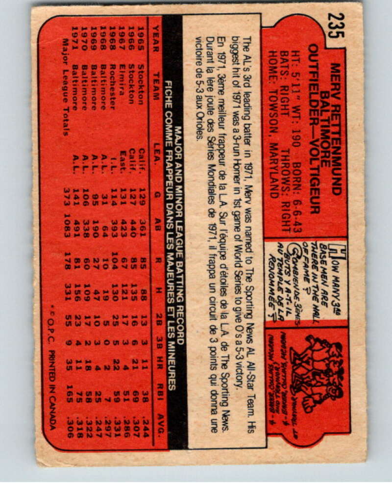 1972 O-Pee-Chee Baseball #235 Merv Rettenmund Baltimore Orioles V66331 Image 2