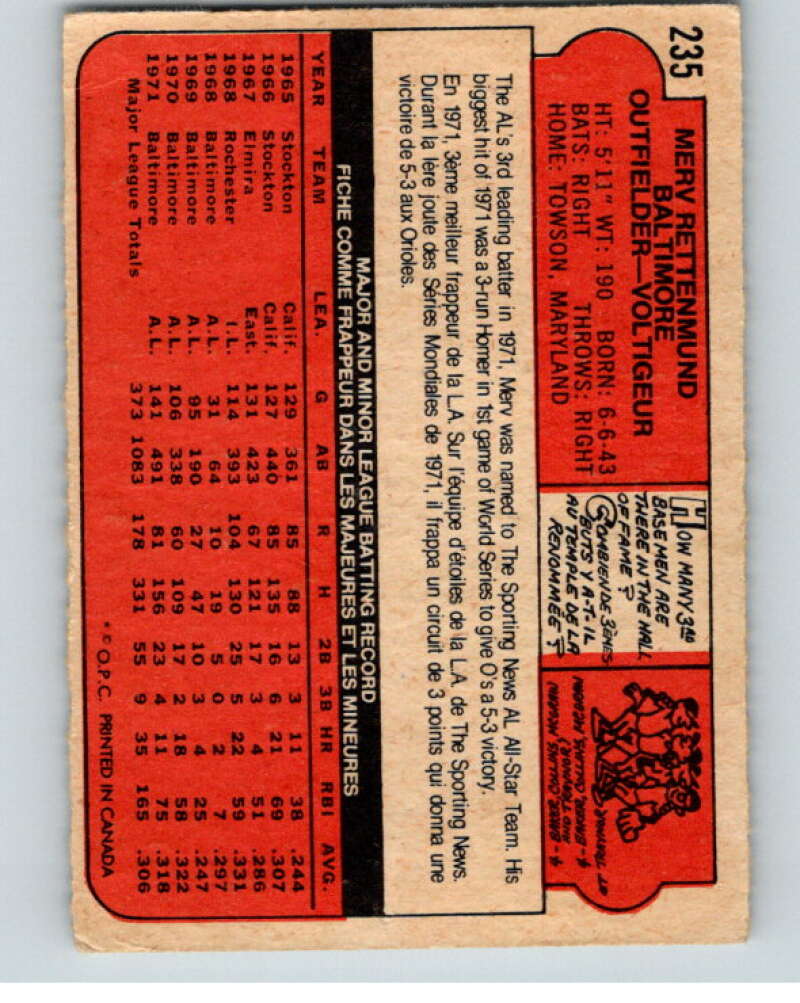 1972 O-Pee-Chee Baseball #235 Merv Rettenmund  Baltimore Orioles  V66331 Image 2
