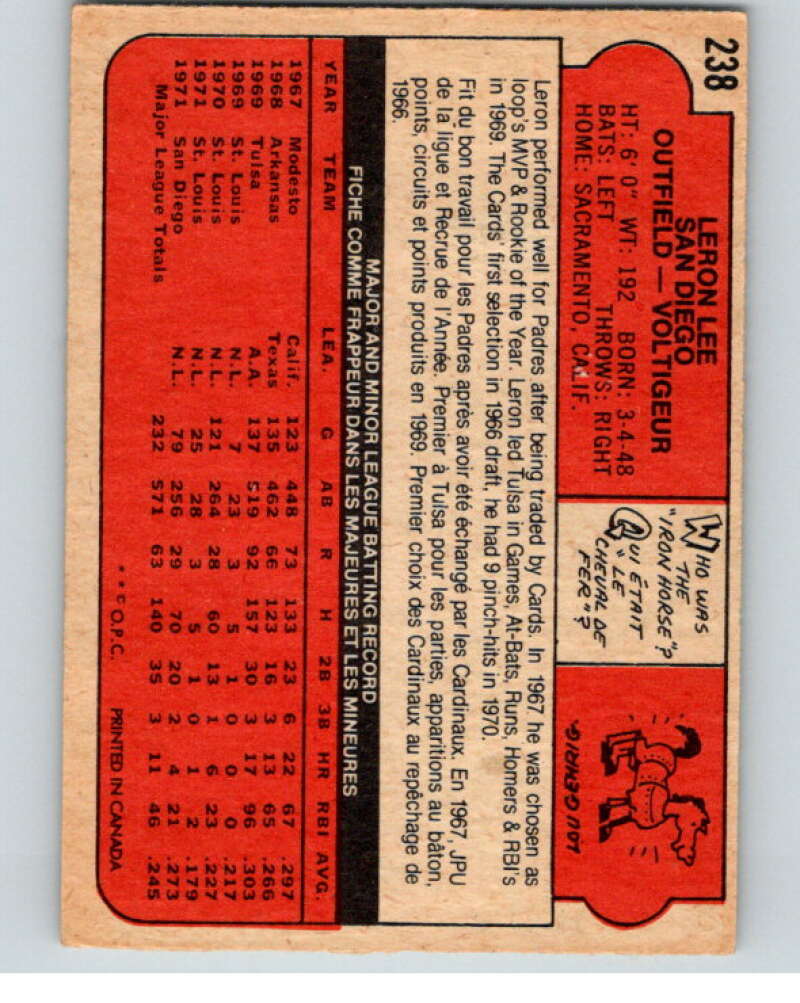 1972 O-Pee-Chee Baseball #238 Leron Lee  San Diego Padres  V66336 Image 2