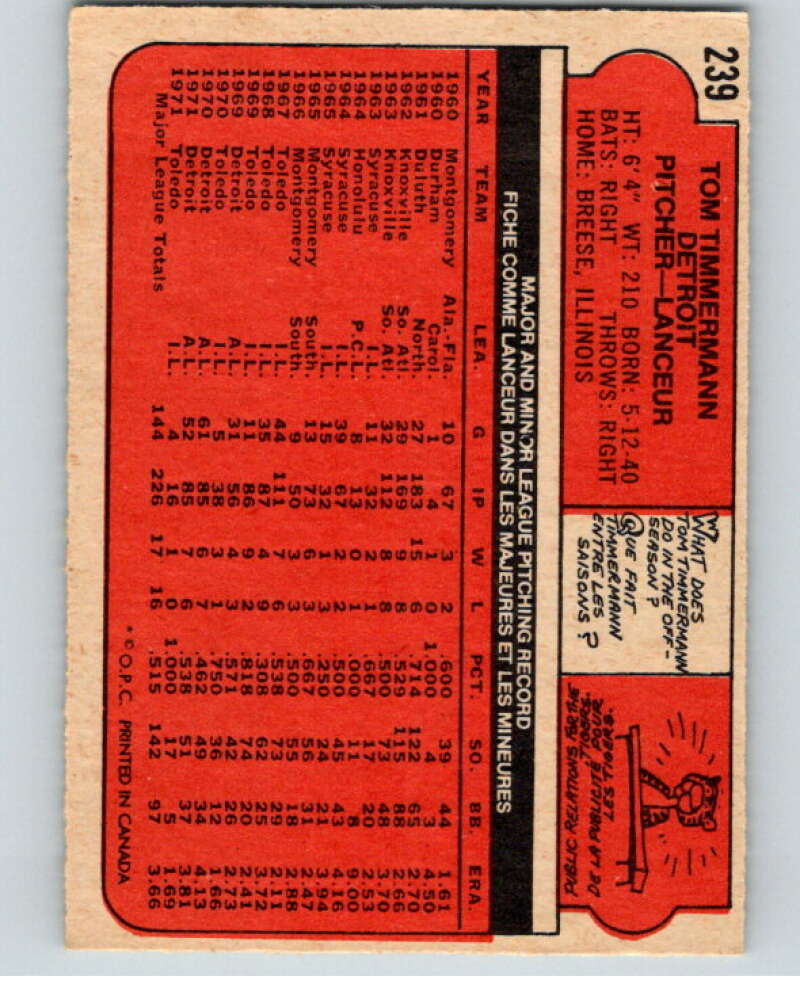 1972 O-Pee-Chee Baseball #239 Tom Timmermann  Detroit Tigers  V66337 Image 2