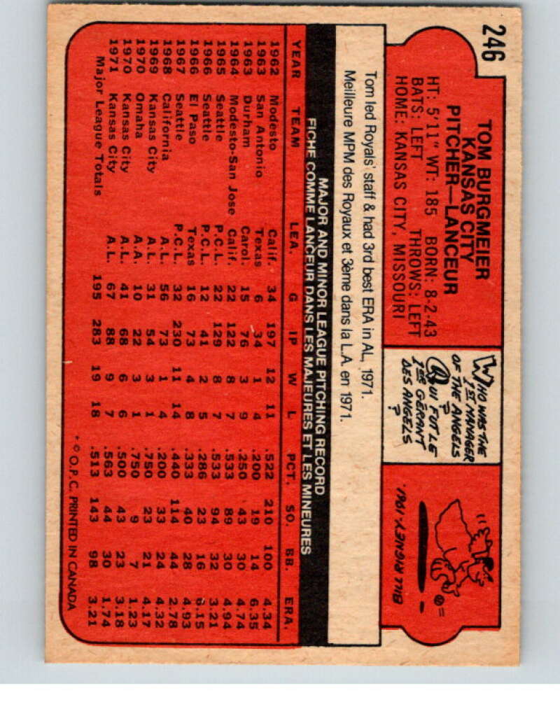 1972 O-Pee-Chee Baseball #246 Tom Burgmeier  Kansas City Royals  V66349 Image 2
