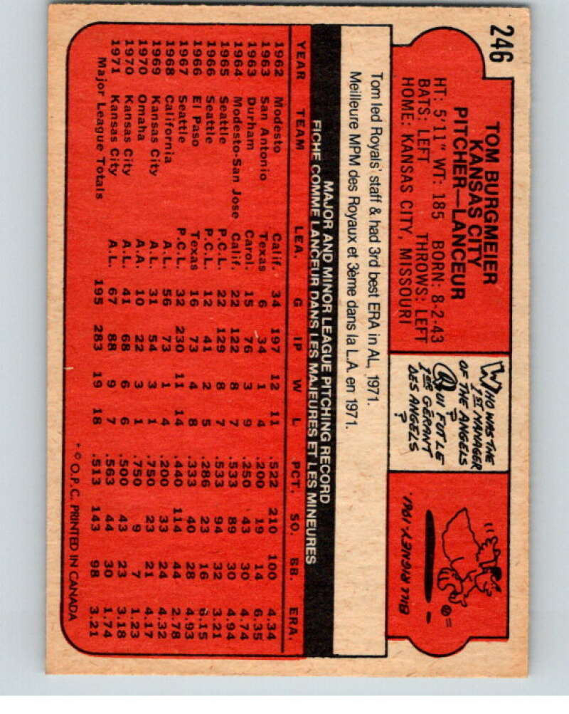 1972 O-Pee-Chee Baseball #246 Tom Burgmeier Kansas City Royals V66349 Image 2