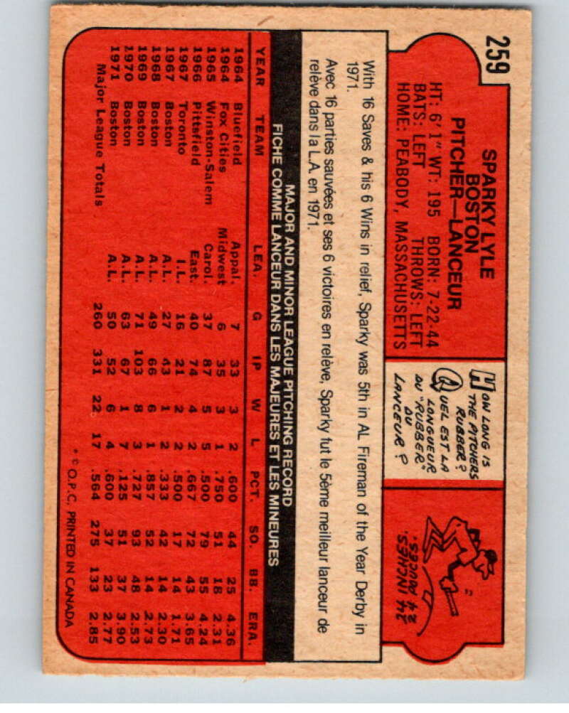 1972 O-Pee-Chee Baseball #259 Sparky Lyle  Boston Red Sox  V66370 Image 2