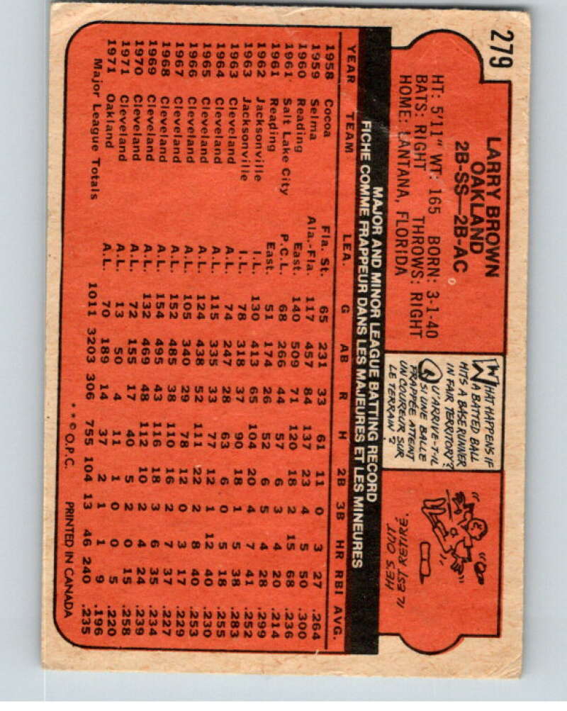 1972 O-Pee-Chee Baseball #279 Larry Brown  Oakland Athletics  V66378 Image 2
