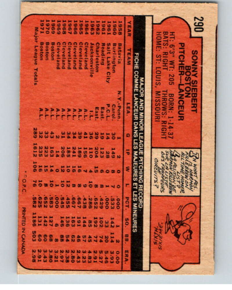 1972 O-Pee-Chee Baseball #290 Sonny Siebert Boston Red Sox V66379 Image 2