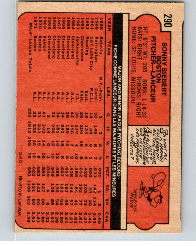 1972 O-Pee-Chee Baseball #290 Sonny Siebert  Boston Red Sox  V66379 Image 2