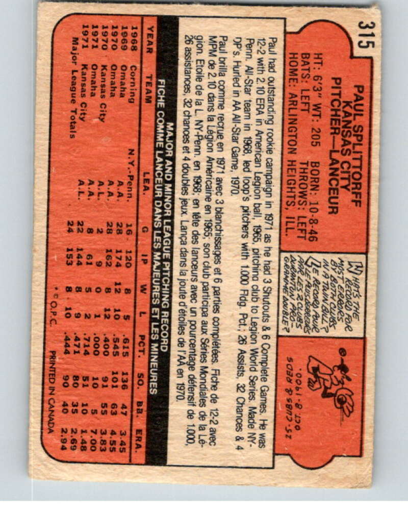 1972 O-Pee-Chee Baseball #315 Paul Splittorff  Kansas City Royals  V66381 Image 2