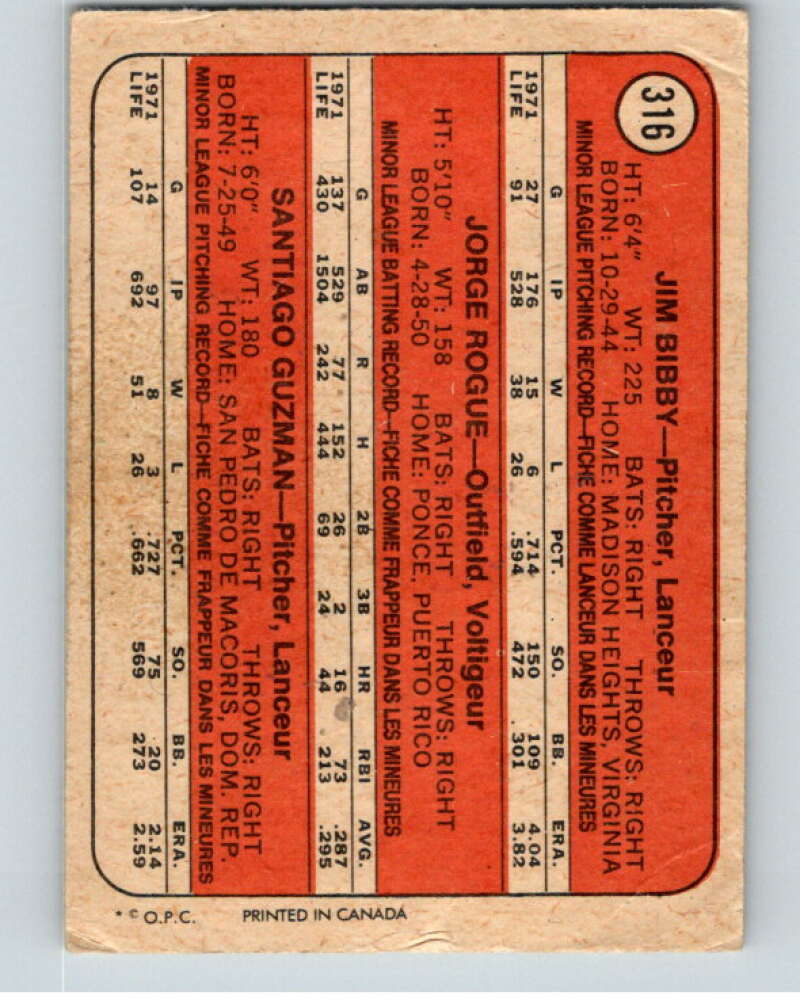 1972 O-Pee-Chee Baseball #316 Bibby/ Roque/Guzman RC Rookie V66382 Image 2
