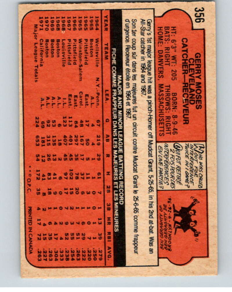 1972 O-Pee-Chee Baseball #356 Jerry Moses  Cleveland Indians  V66383 Image 2