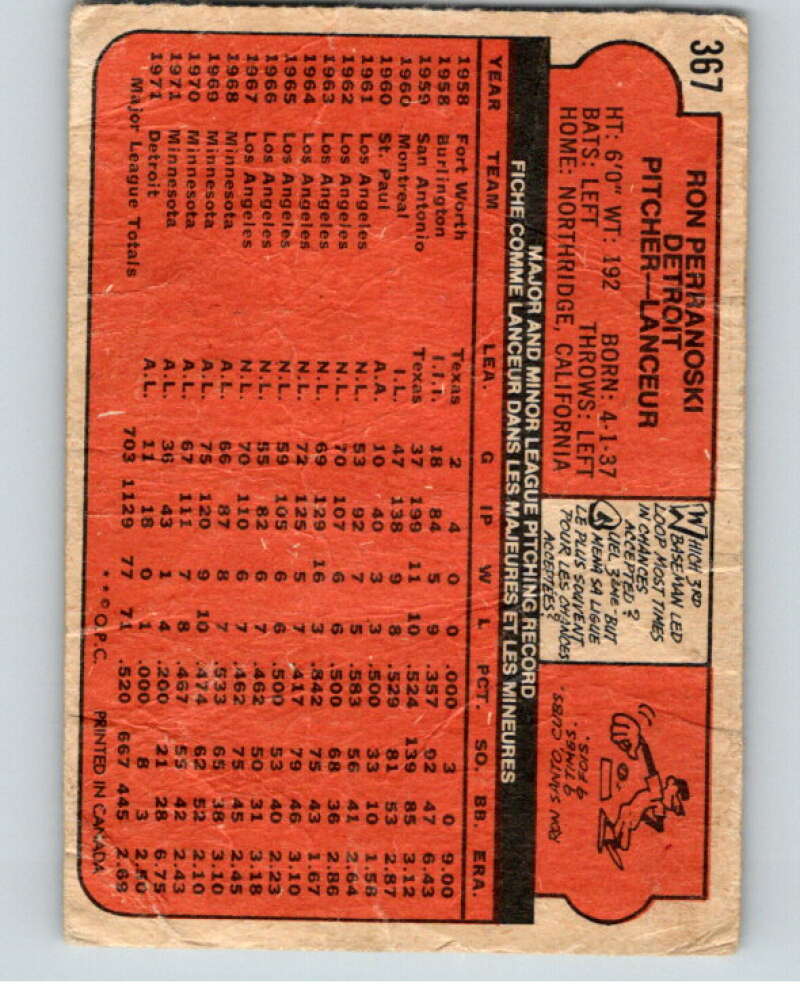 1972 O-Pee-Chee Baseball #367 Ron Perranoski  Detroit Tigers  V66384 Image 2