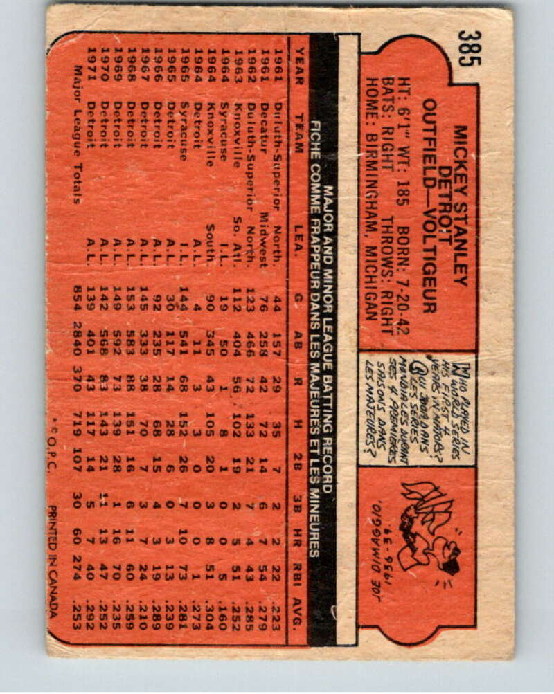 1972 O-Pee-Chee Baseball #385 Mickey Stanley  Detroit Tigers  V66385 Image 2