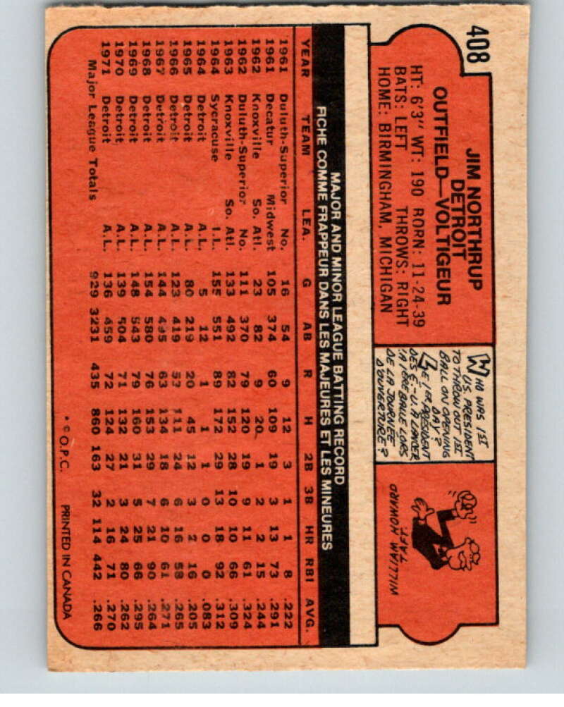 1972 O-Pee-Chee Baseball #408 Jim Northrup Detroit Tigers V66388 Image 2