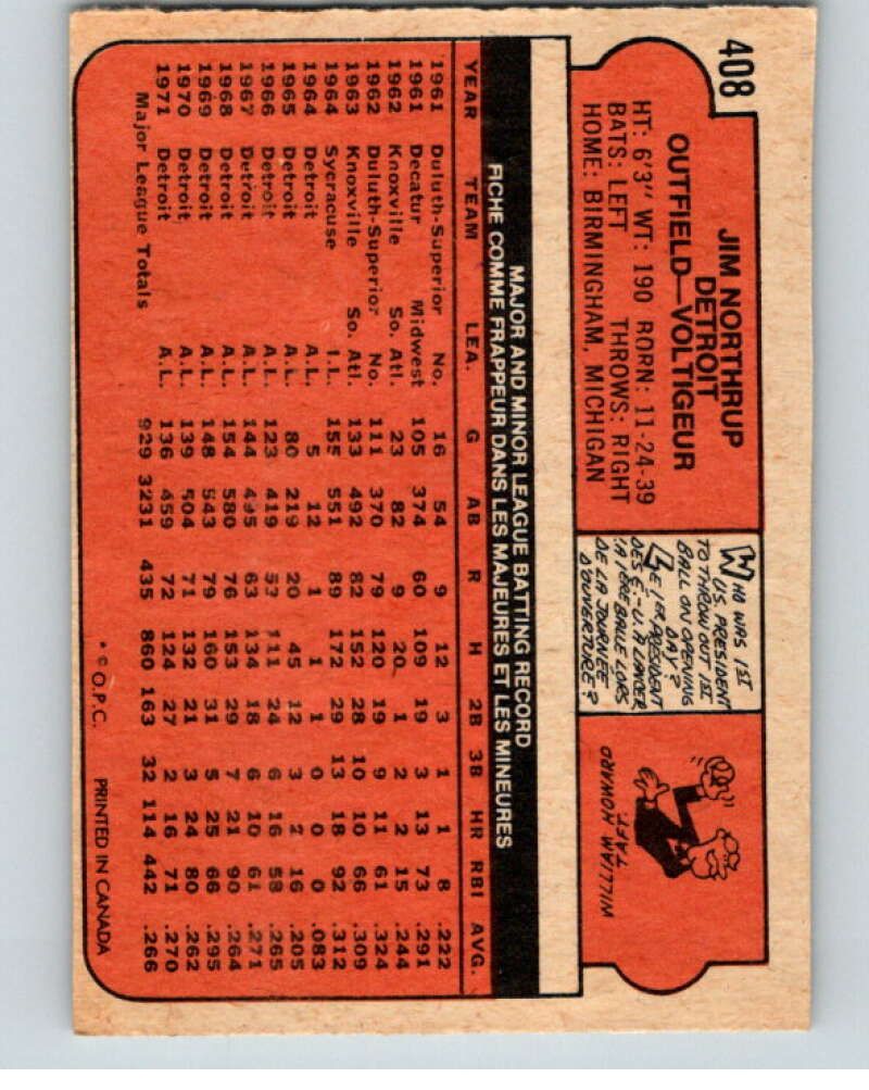 1972 O-Pee-Chee Baseball #408 Jim Northrup  Detroit Tigers  V66388 Image 2